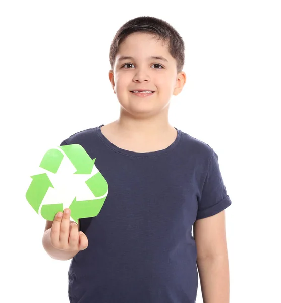 Boy with recycling symbol on white background — Stock Photo, Image