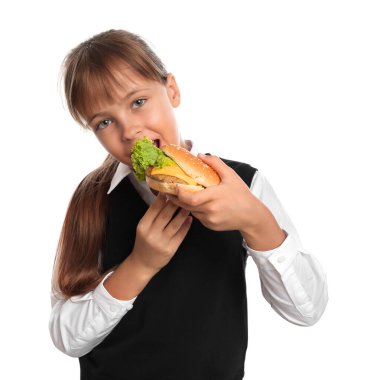 Beyaz arka planda hamburger yiyen küçük bir kız. Okul yemeği için sağlıklı yemek.