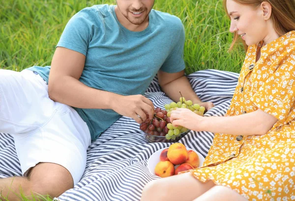 Boldog fiatal pár piknik zöld fű, közelkép — Stock Fotó