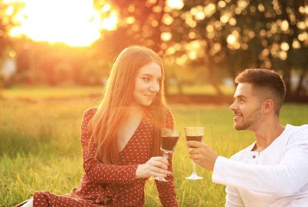 Şarabı olan mutlu genç çift parkta piknik yapıyor. — Stok fotoğraf