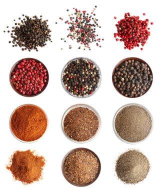 Beyaz arka planda farklı biber ve nasırlarla set, üst görünüm