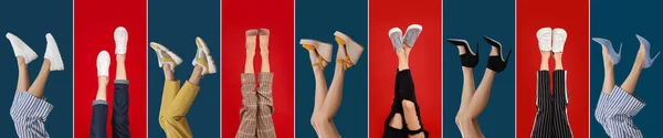 Collage di donne che indossano diverse scarpe alla moda su sfondi di colore, primo piano — Foto Stock