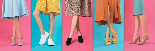 Collage of women wearing different stylish shoes on color backgrounds, closeup — Stock Photo, Image