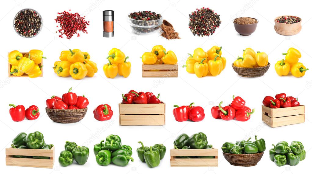 Set of fresh bell peppers and different peppercorns on white background