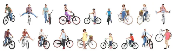 Коллаж людей с велосипедами на белом фоне — стоковое фото