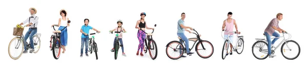 흰색 배경에 자전거를 가진 사람들의 콜라주 — 스톡 사진
