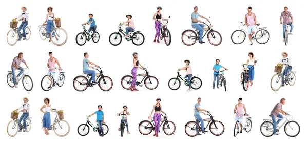 Коллаж людей с велосипедами на белом фоне — стоковое фото