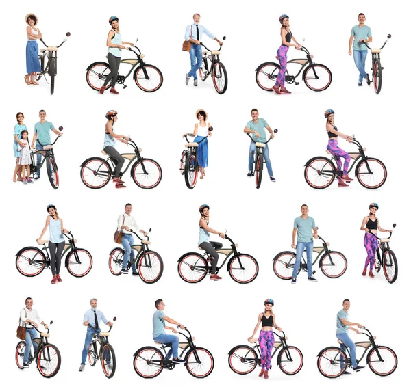 Beyaz arka planda bisikletli insanların kolajı — Stok fotoğraf