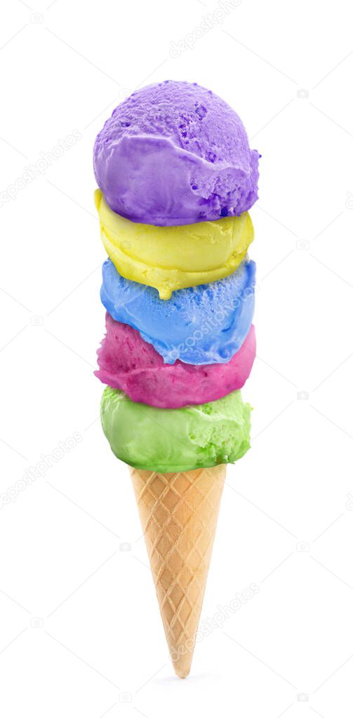 Crispy waffle cone with different ice creams on white background