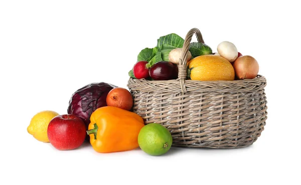 Wicker basket with fresh fruits and vegetables isolated on white — Stock Photo, Image