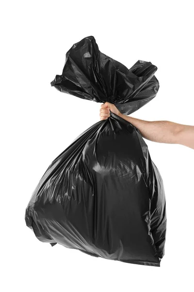 Человек держит полный мешок для мусора изолирован на белом, крупным планом — стоковое фото