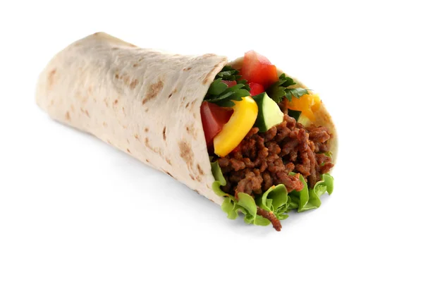 Delicious meat tortilla wrap isolated on white — Stock Photo, Image
