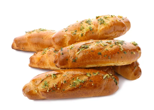 Panes de pan con ajo y hierbas sobre fondo blanco — Foto de Stock