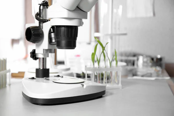 Nieuwe moderne microscoop op tafel in laboratorium — Stockfoto