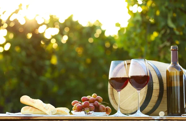 Composição com barril de vinho e lanches na mesa na vinha, espaço para texto — Fotografia de Stock