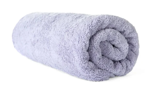 Rolled clean lilac towel on white background — ストック写真