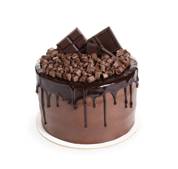 Freshly made delicious chocolate cake on white background