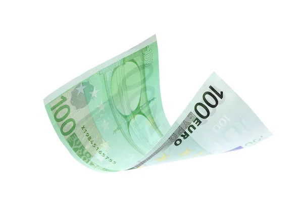 Uçan 100 Euro banknot beyaza izole edilmiş. — Stok fotoğraf
