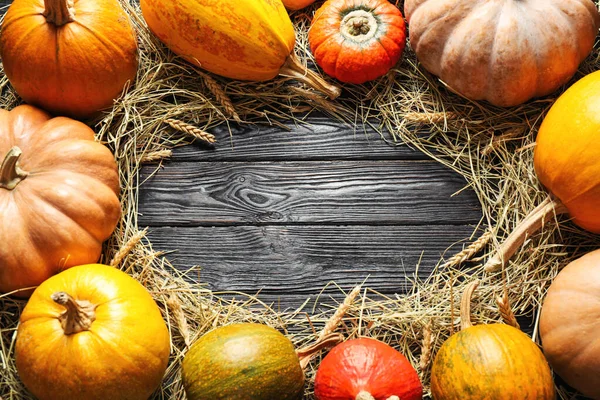 Flat lay composition with different ripe pumpkins on wooden background, space for text. Holiday decoration Stock Photo