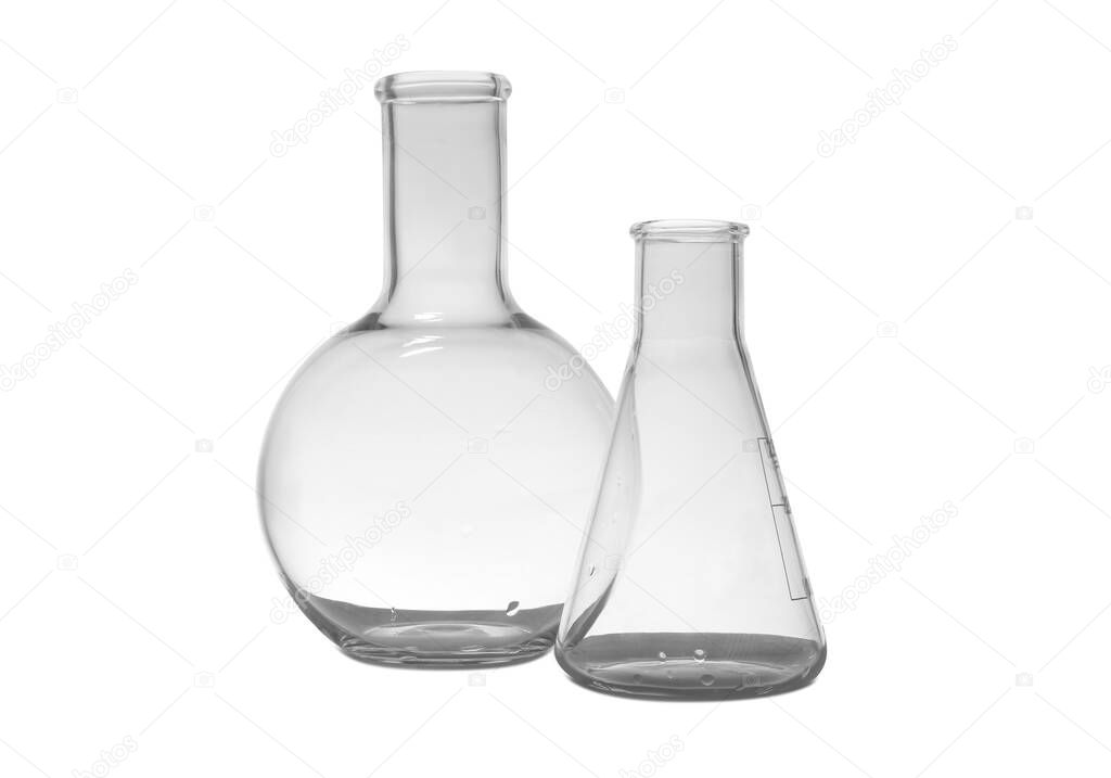 Empty Florence and conical flasks on white background. Laboratory glassware
