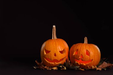 Siyah arka planda sonbahar yaprakları olan balkabağı kafaları, mesaj için yer. Jack Lantern - geleneksel Cadılar Bayramı dekorasyonu