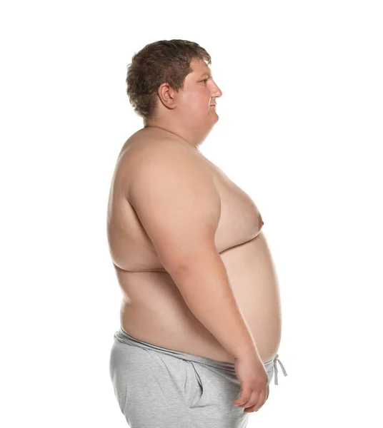 Portré túlsúlyos ember pózol fehér háttér — Stock Fotó