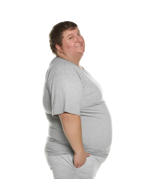 Retrato de homem com sobrepeso posando no fundo branco — Fotografia de Stock