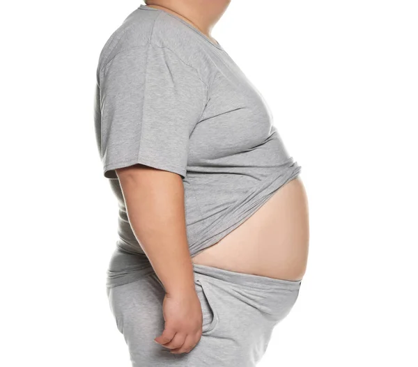 Sobrepeso homem posando no fundo branco, close-up — Fotografia de Stock