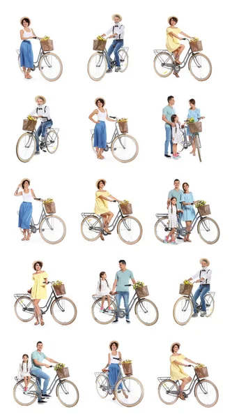 Колаж людей з велосипедами на білому тлі — стокове фото