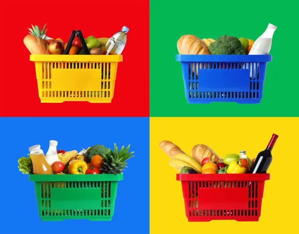 Collage di cestini della spesa con prodotti alimentari su sfondi a colori — Foto Stock