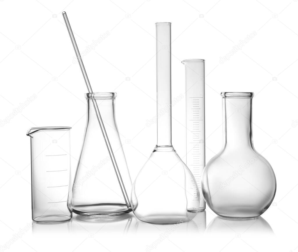 Clean empty laboratory glassware on white background