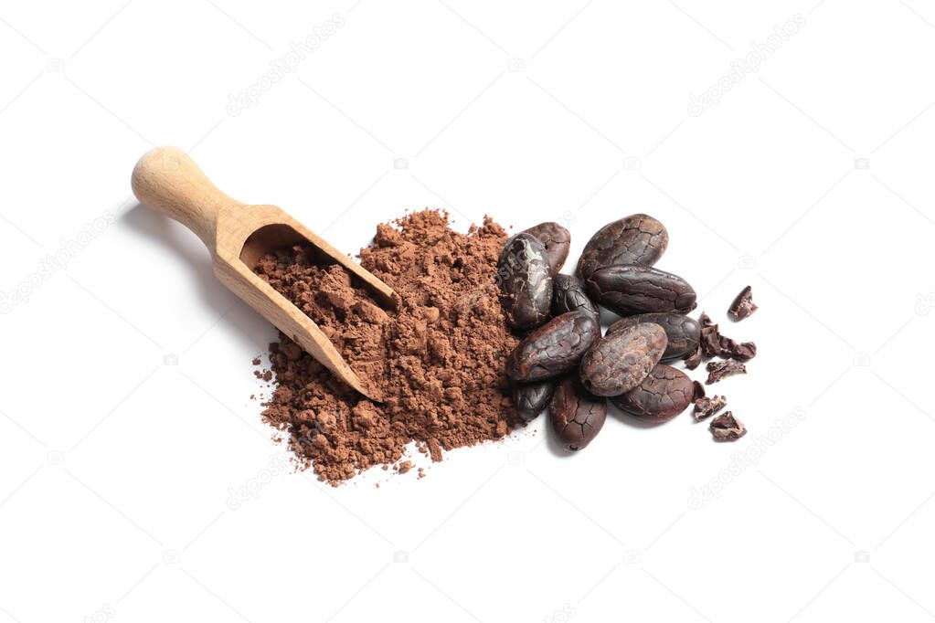 Wooden scoop, cocoa beans and powder isolated on white