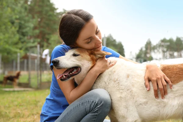 Hayvan barınağında evsiz köpekle birlikte gönüllü bir kadın. — Stok fotoğraf