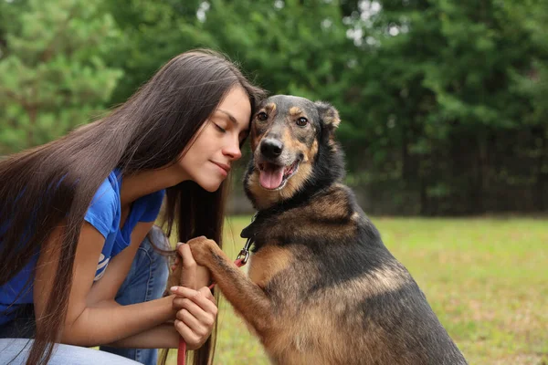 Mulher voluntária com cão sem-teto no abrigo de animais ao ar livre — Fotografia de Stock