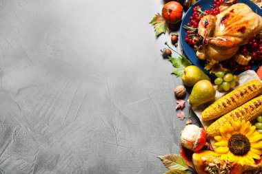 Gri arka plan üzerinde lezzetli hindi ile Düz yatıyordu kompozisyon, metin için alan. Mutlu Şükran günü