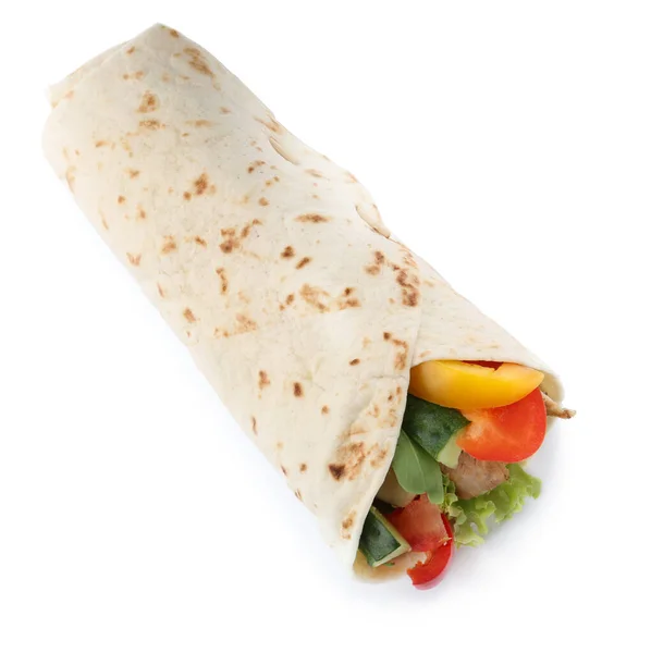 Delicious meat tortilla wrap isolated on white — Stock Photo, Image