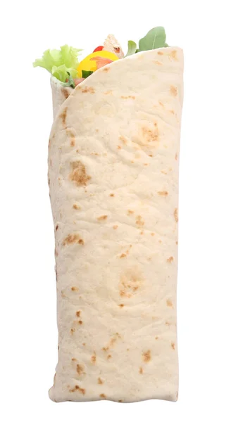 Läcker kött tortilla wrap isolerad på vit, ovanifrån — Stockfoto