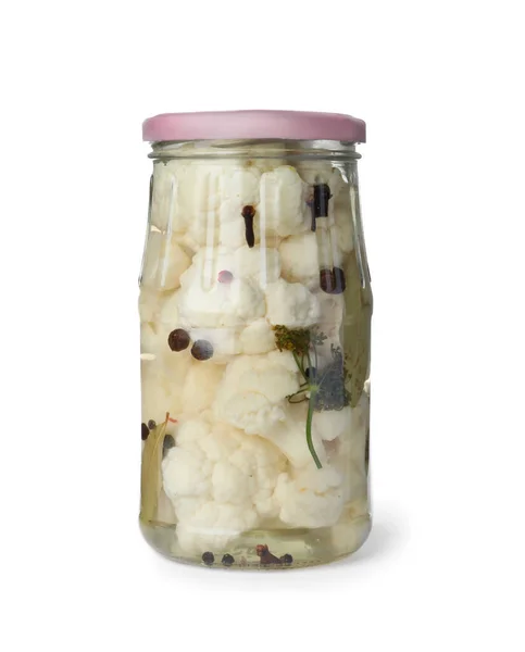 Jar with pickled cauliflower on white background — ストック写真