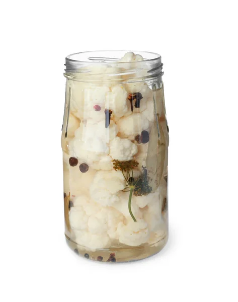 Jar with pickled cauliflower on white background — Stock Photo, Image