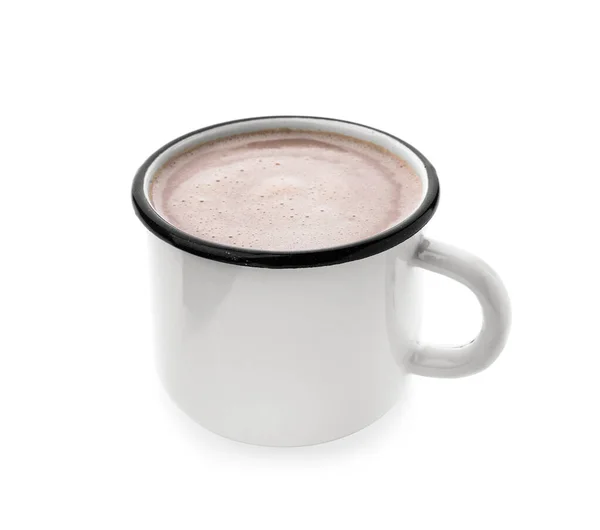 Deliciosa bebida de cacao en taza sobre fondo blanco — Foto de Stock