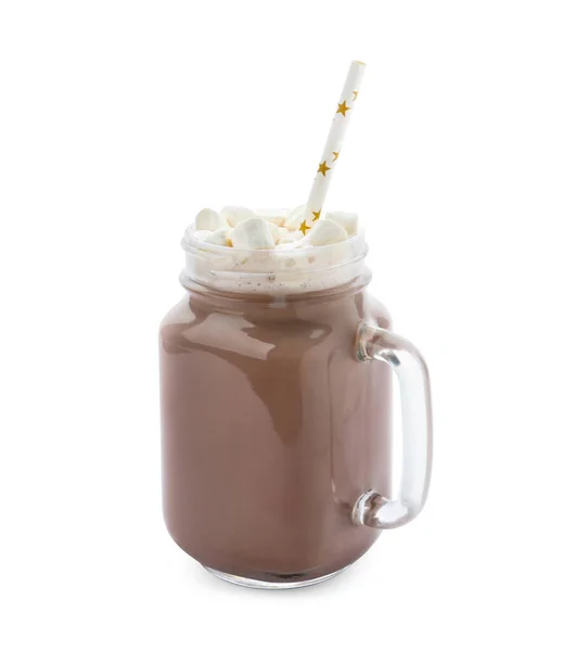 Delicious cocoa with marshmallows in mason jar on white background — ストック写真