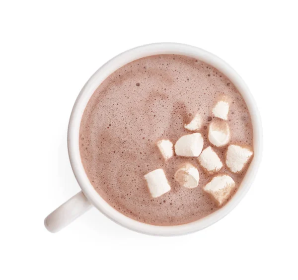 Deliciosa bebida de cacau com marshmallows na xícara no fundo branco, vista superior — Fotografia de Stock