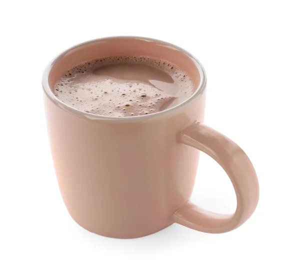 Delicious cocoa in beige cup on white background — ストック写真