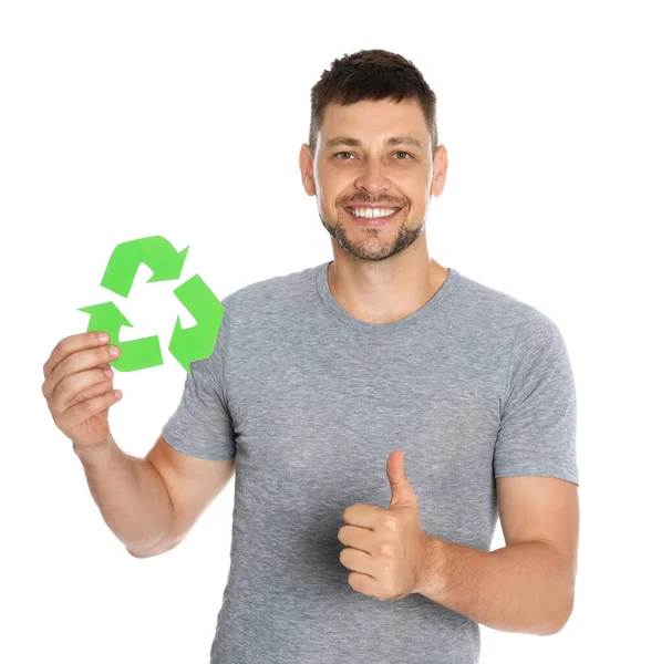 Hombre con símbolo de reciclaje sobre fondo blanco — Foto de Stock