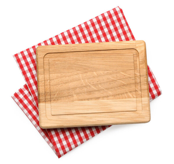Empty wooden board and checkered napkin isolated on white, top view