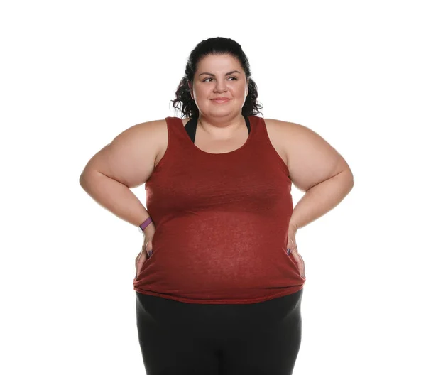 Gelukkig overgewicht vrouw poseren op witte achtergrond — Stockfoto