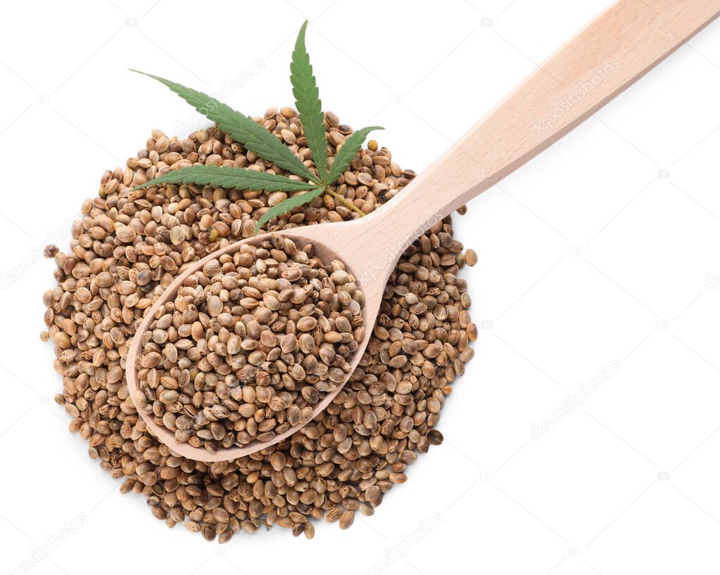 Wooden spoon, hemp seeds and leaf on white background, top view