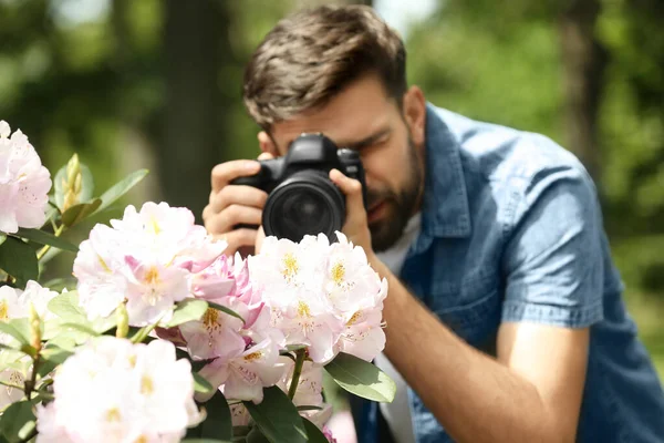 Fotograf robi zdjęcie kwitnącego krzewu z profesjonalnym aparatem fotograficznym w parku — Zdjęcie stockowe