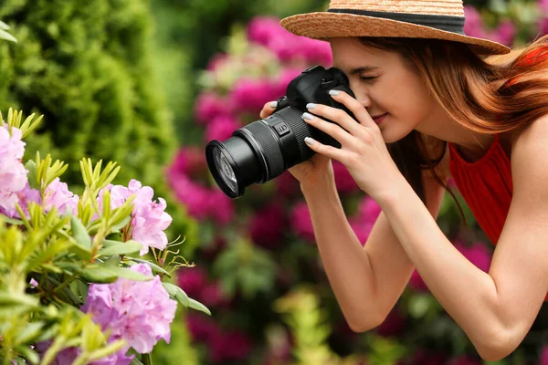 Fotograf tar foto av blommande buske med professionell kamera i parken — Stockfoto