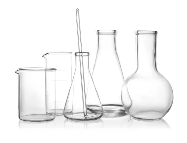 Clean empty laboratory glassware on white background — Stock Photo, Image